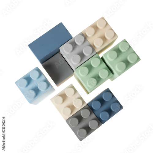 Colorful building blocks scattered on a transparent background