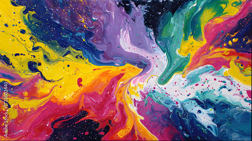 A vibrant abstract acrylic painting of exploding colors swirling like galaxies, fluid movement, bold contrasts