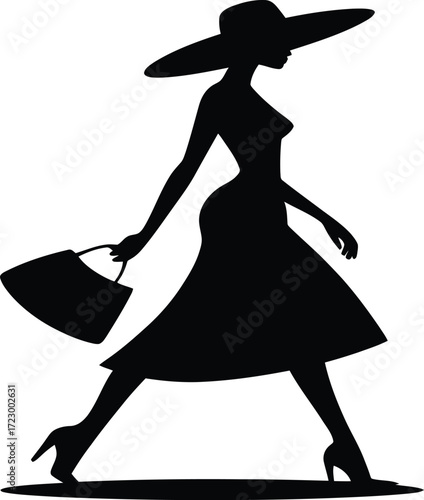 Elegant woman in a wide-brim hat confidently strides with a designer handbag, embodying timeless fashion and sophisticated style