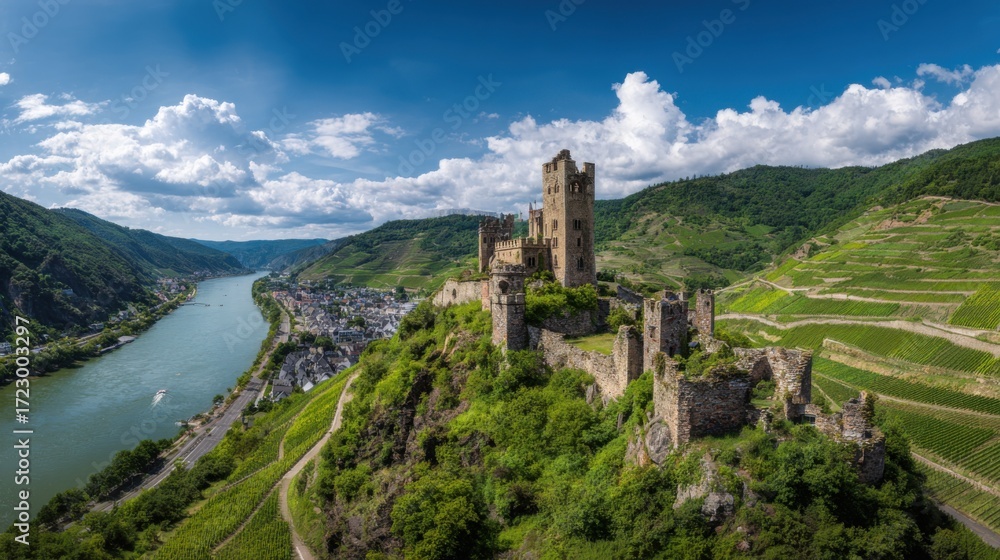 Naklejka premium castle on top, vineyards and river in the background