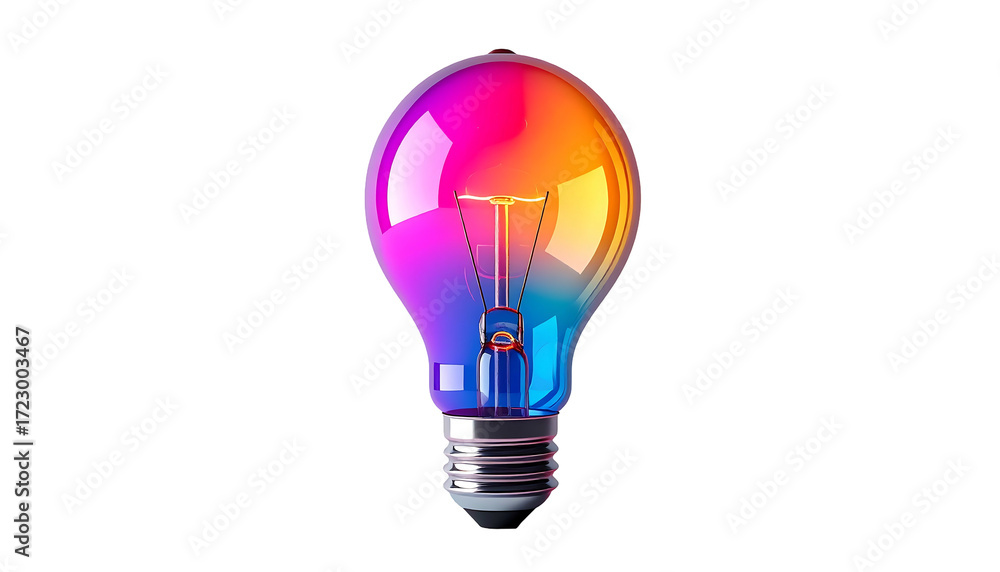 Fototapeta premium A vibrant, multicolored lightbulb glows with hues of pink, orange, yellow, and blue, radiating creativity and innovation against a stark black background. The bulb's metallic base is clearly visible