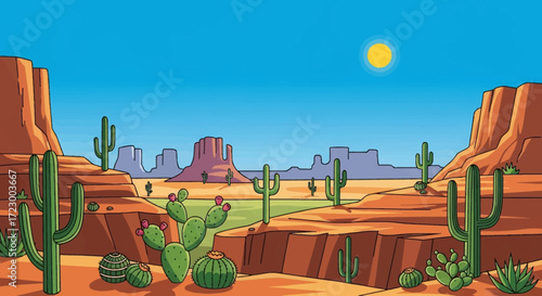 Vibrant green cacti thriving in a sun-drenched desert landscape.