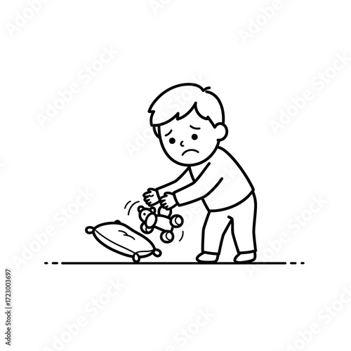 Line art illustration of a sad frowning boy aggressively hitting a teddy bear on a pillow.