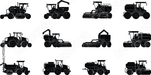 Agricultural and construction machinery silhouettes, tractor and harvester icons, heavy equipment illustration, farming and industrial vehicle design, machinery concept art