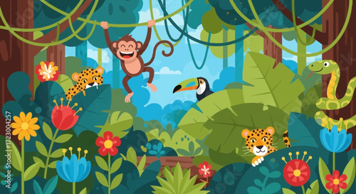 Vibrant jungle scene with playful animals and lush flora.