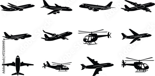 Aircraft silhouettes, airplanes, helicopters, aviation icons, commercial jets, rotorcraft, transport, flight, technology, aviation industry, travel, modern air transport