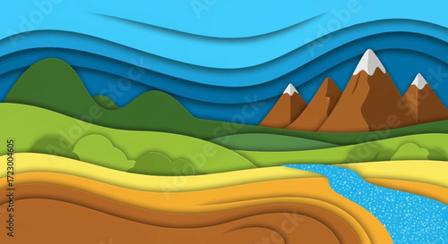 Vibrant paper cut landscape with mountains, hills, and a flowing river.