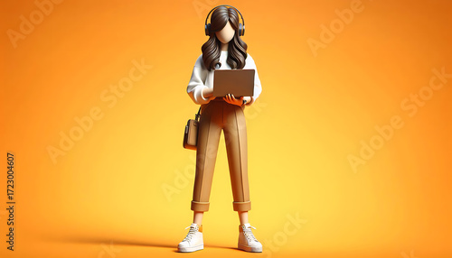 Stylish woman in headphones and sneakers holding laptop, 3D illustration