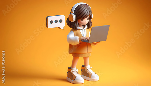 3D animation of biracial woman SMM specialist with laptop on orange background