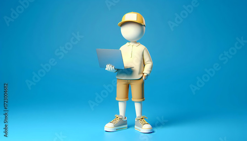 3D cartoon style IT specialist man with laptop on blue background