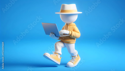 Modern 3D illustration of IT worker with stylish outfit and laptop