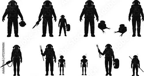 Astronaut and robot silhouettes, space exploration characters, futuristic astronaut design, science fiction artwork, astronaut with tools, cosmic technology concept, astronaut robot illustration
