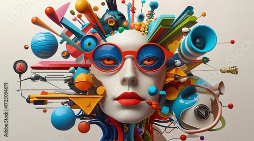 Surreal abstract artwork of female face with colourful 3d geometric shapes, spheres, and design elements. Modern creativity, imaginative composition, and artistic expression in contemporary design. 