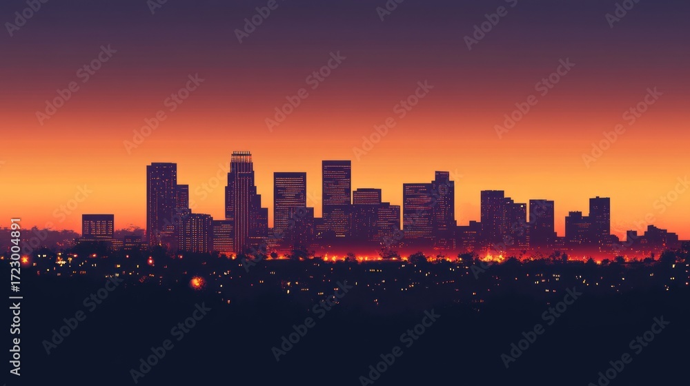 Fototapeta premium Serene sunset over the skyline illuminating the city's majesty