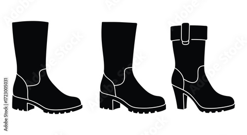 Three different styles of boots presented in a striking black silhouette