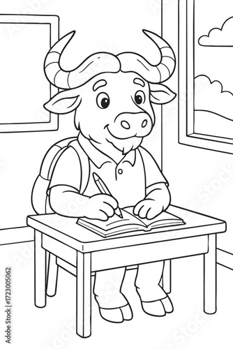 Buffalo at School Desk - Coloring Page for Kids