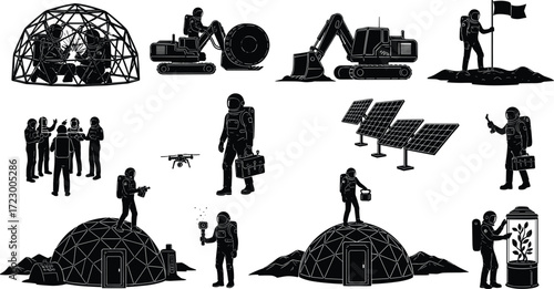 Astronaut silhouettes, Mars exploration, space colonization, extraterrestrial habitat, construction, agriculture, solar energy, 