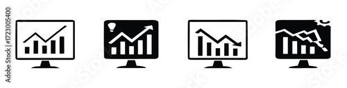 Financial charts showing market trends on computer screens, illustrating both growth and decline, perfect for reports, presentations, or visualizing economic performance