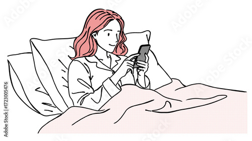 ベッドでスートフォンを操作するパジャマを着た笑顔の若い女性のおしゃれな線画ベクターイラストセット / 睡眠 / スマホ / ラインアート