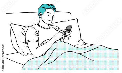 ベッドでスートフォンを操作するパジャマを着た笑顔の若い男性のおしゃれな線画ベクターイラストセット / 睡眠 / スマホ / ラインアート