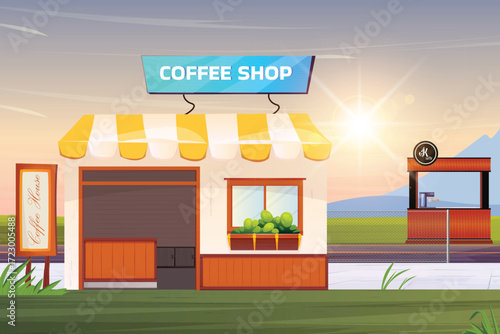Illustration of a coffee shop with a sign and a drink machine