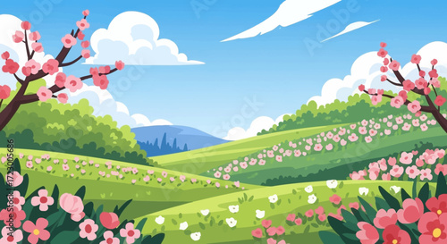 Vibrant spring landscape with blooming flowers and lush green hills under a clear sky.