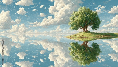 Peaceful island tree, mirrored sky