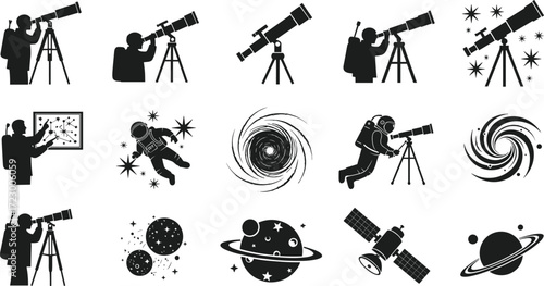 Astronomy and space exploration icons, telescope and astronaut silhouettes, galaxy and planet illustration, cosmic science artwork, space observation design