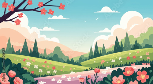 Vibrant Spring Landscape with Blooming Flowers and Lush Green Hills.