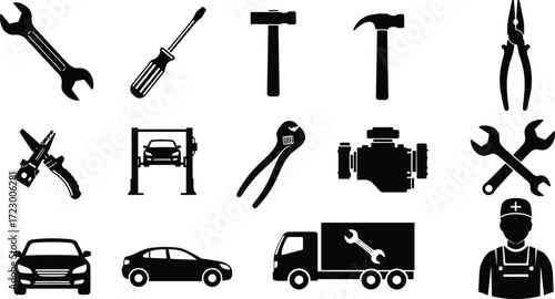 Automotive repair icons, mechanic tools, car maintenance symbols, wrench, screwdriver, pliers, engine, vehicle service, workshop equipment, transport repair, black silhouette