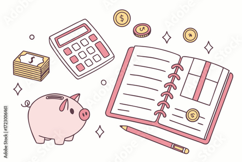 A pink piggy bank sits next to a shopping cart icon, symbolizing a concept of saving money for future purchases