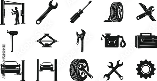 Automotive repair silhouettes, mechanic tools, car lift, wrench, screwdriver, tire, toolbox, oil can, gear, maintenance, service, workshop, equipment