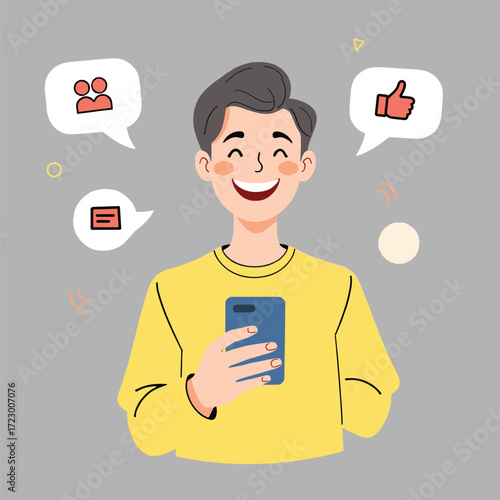 illustration man holding phone flat art, interactions on mobile phones