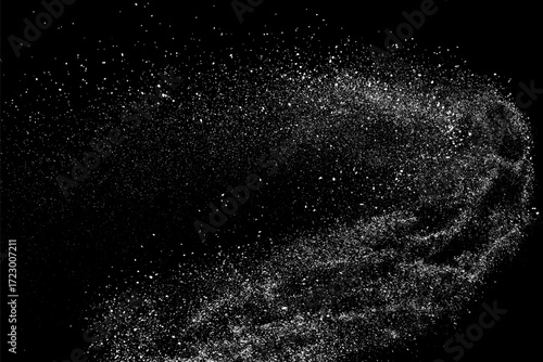 Distressed white grainy texture. Dust overlay textured. Grain noise particles. Snow effects pack. Rusted black background. Vector illustration, EPS 10.