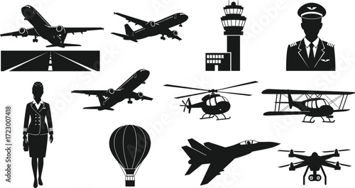 Aviation silhouettes, airplanes, helicopters, pilot, flight attendant, runway, drone, hot air balloon, fighter jet, air travel, transport, technology, safety