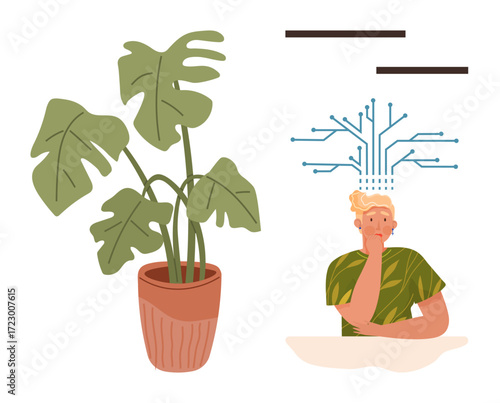Man sitting with hand on chin, circuits symbolizing thoughts above head, large monstera plant in pot. Ideal for innovation, mindfulness, nature-tech balance, brainstorming, creativity, productivity