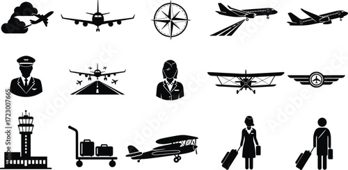 Aviation silhouettes, airplanes, pilots, flight attendants, airport control tower, runway, luggage, biplane, drone, hot air balloon, travel, transport, airline
