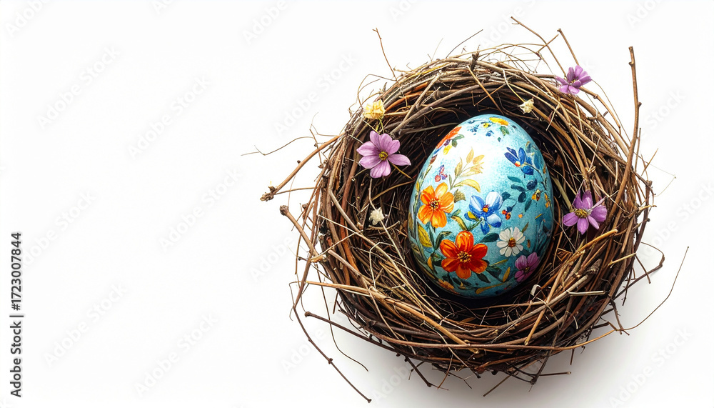Obraz premium Hand painted Easter egg with colorful floral patterns sits in rustic bird nest decorated with small flowers, symbolizing spring celebration and creativity