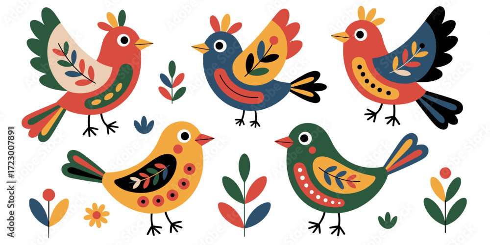 Fototapeta premium Five colorful folk art birds with decorative leaves and flowers, vector illustration