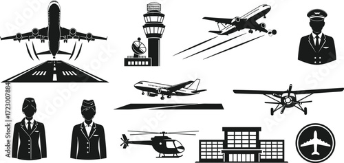 Aviation vector set with airplanes, pilot, flight attendants, helicopter, airport terminal, air traffic control tower, travel and transportation icons
