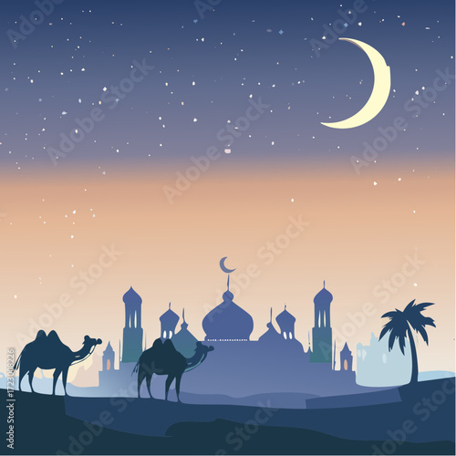 Silhouette of Camels and Mosque at Night Ramadan Islam Desert Landscape