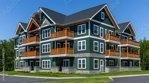 Wide angle residential architecture view showing three story Maine apartment complex with dark green exterior, white details, and balconies on the front side of every floor