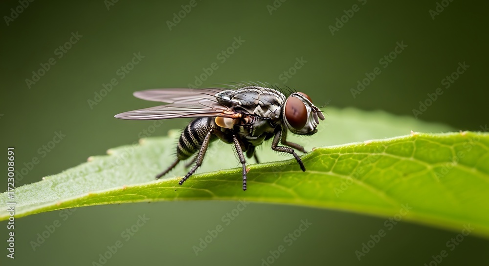 Fototapeta premium Closeup of a fly on a green leaf.