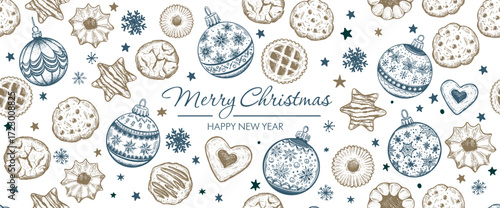 Cookie and Christmas ball pattern on white, hand drawn illustration.