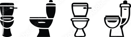 Toilet icon set. Bathroom and restroom sign. Hygiene, sanitation, and plumbing symbol. Flush, seat, and water closet pictogram. Public facility and home utility illustration.