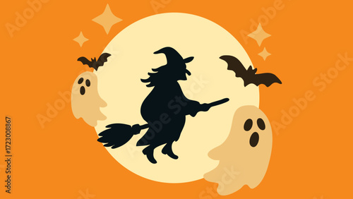 A full moon shining in the center with the silhouette of a witch flying on a broomstick across the sky, surrounded by cartoon ghosts, bats, and sparkling stars on an orange background.