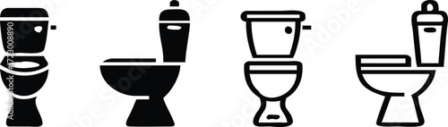 Toilet icon set. Bathroom and restroom sign. Hygiene, sanitation, and plumbing symbol. Flush, seat, and water closet pictogram. Public facility and home utility illustration.