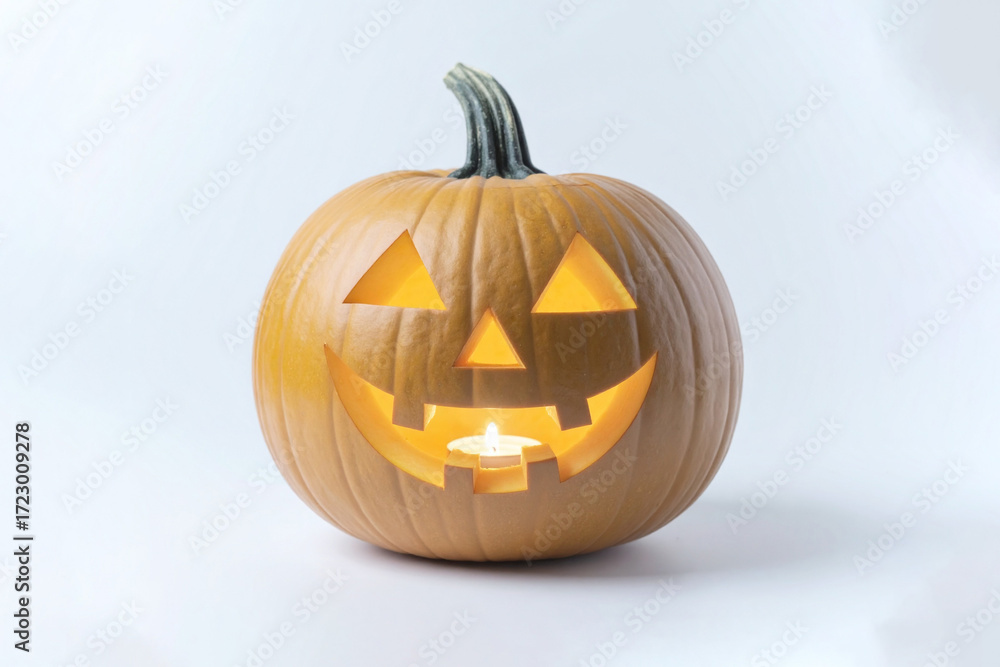 Fototapeta premium Carved jack-o’-lantern pumpkin with glowing candlelight inside, photographed on a light grey background, perfect for Halloween theme and design