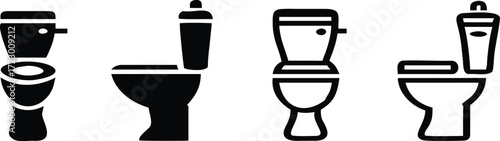 Toilet icon set. Bathroom and restroom sign. Hygiene, sanitation, and plumbing symbol. Flush, seat, and water closet pictogram. Public facility and home utility illustration.