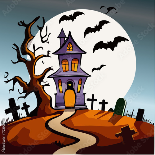 Spooky Halloween Haunted House Illustration Bats Moon Graveyard